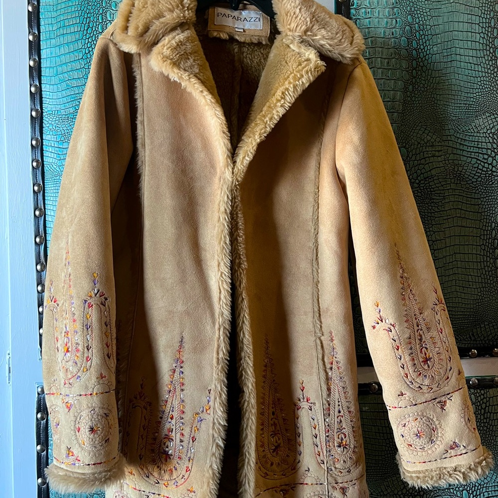 Suede fur lined coat with beautiful detailed embroidery